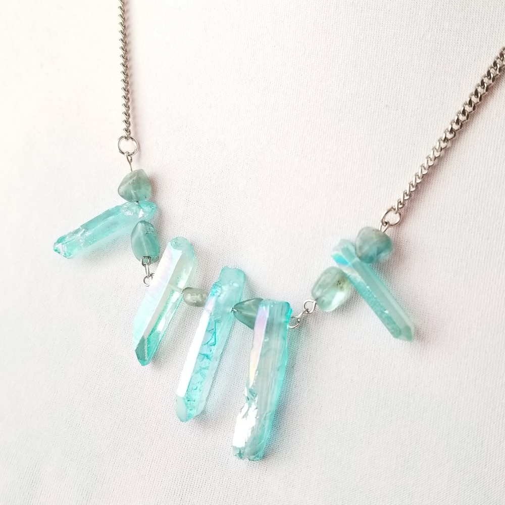 Aqua Aura quartz point necklace aquamarine silver tone handmade